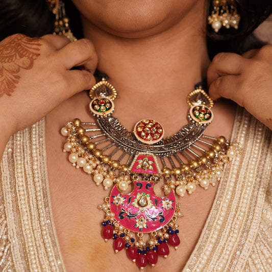 Shree Chokar Necklace | Fusion of Silver and Gold-Plated Design | Meenakari and Kundan