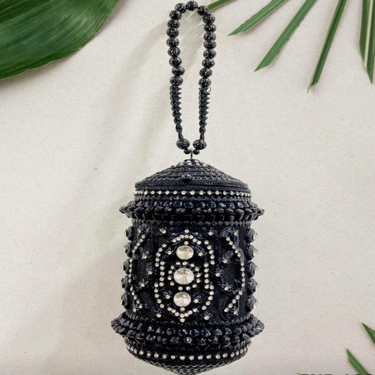 Siyah Dramatic Potali Black Purse | White Stone and Black Pearl Detail | Clutches/Sling