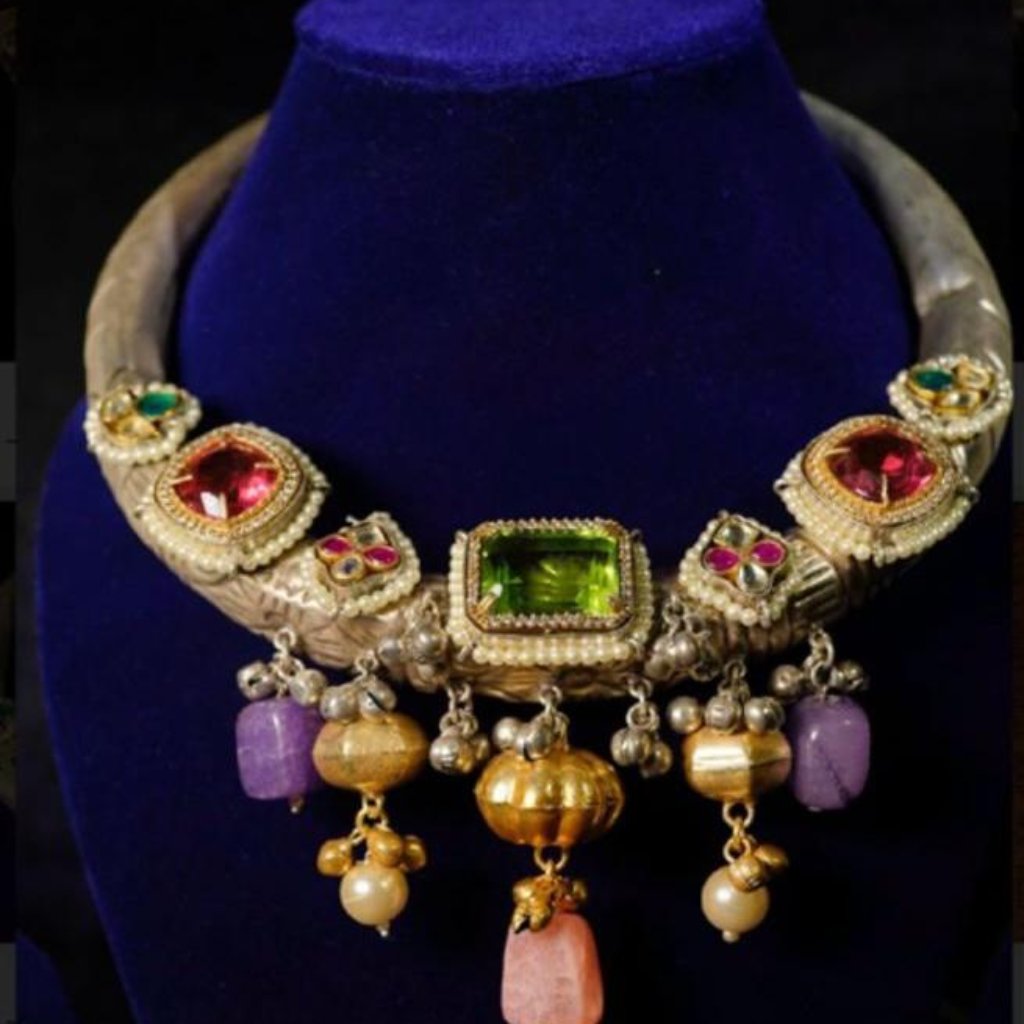 Traditional Statement Hasli Base Necklace | Precious Stone Studded Charm
