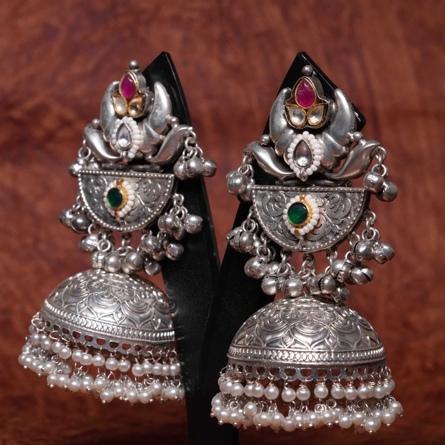 Zila German Silver Oxidized Earrings | 925 Silver with Small Pearls | Moon-Shaped Design