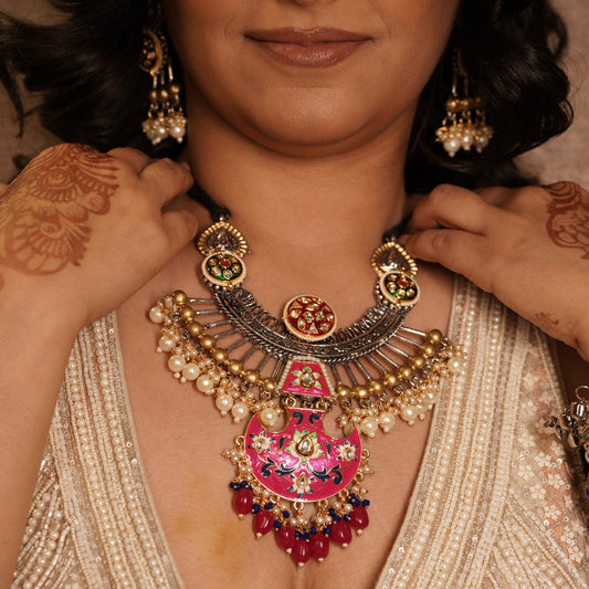 Shree Chokar Necklace | Fusion of Silver and Gold-Plated Design | Meenakari and Kundan
