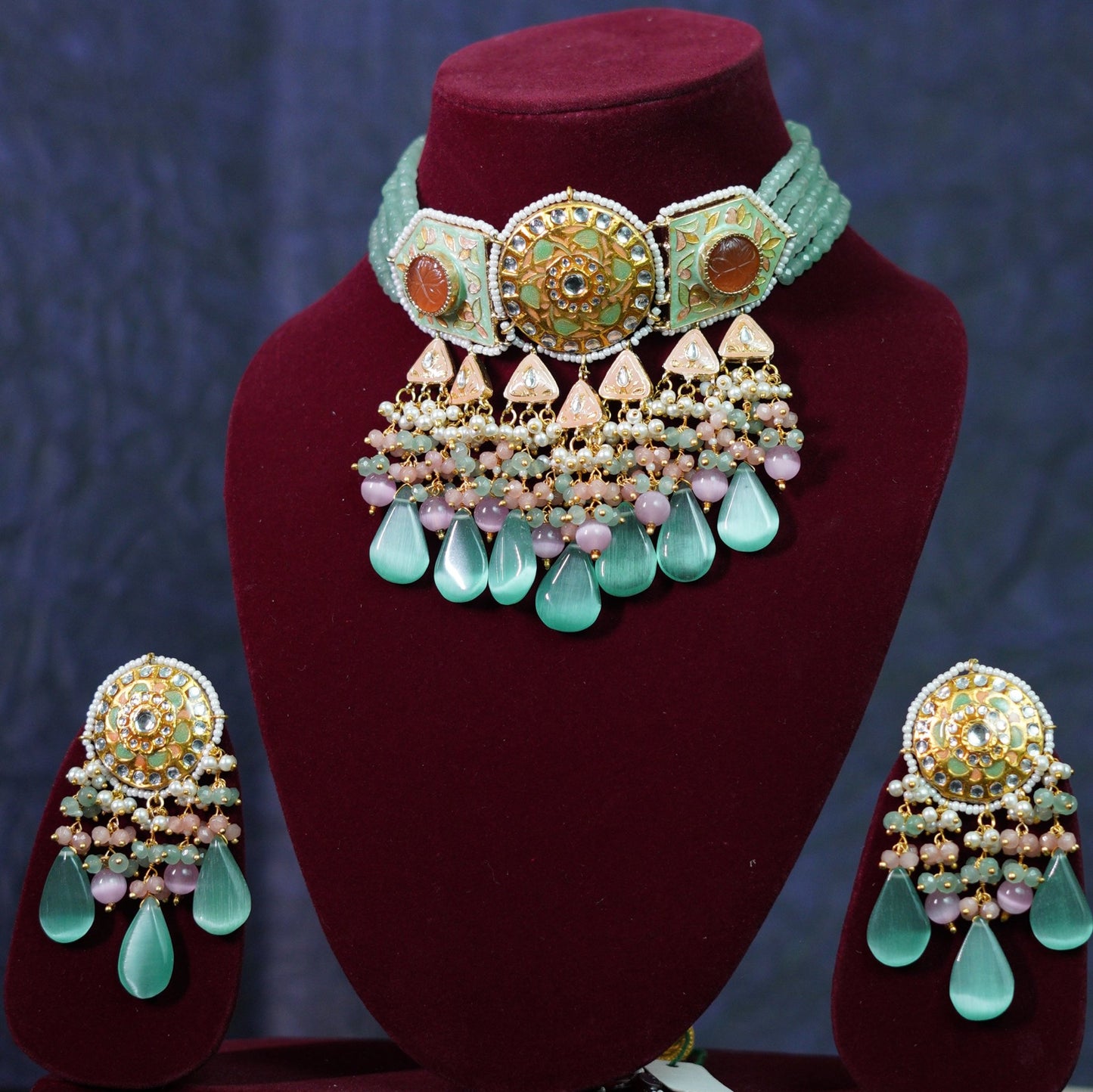 Rasam Tayani Kundan Set | Dual-Tone Pink and Baby Blue with Meenakari Design