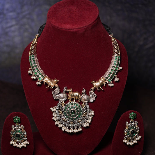 Sitara Heritage Necklace Set | The Luxe Silver Emerald Ensemble
