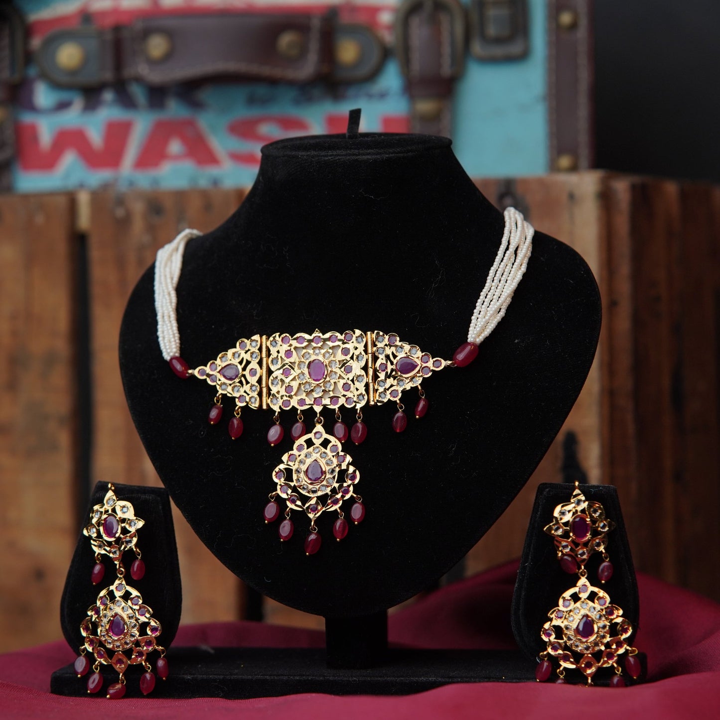 Zaddau Maroon Imitation Stone Necklace Set | 22-Carat Gold-Plated