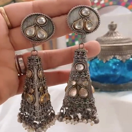Meera Silver German Oxidized Mirror Dangler Earrings | Handcrafted Elegance