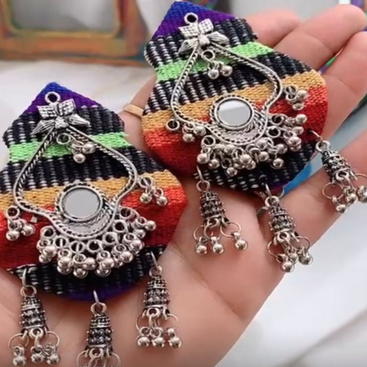 Nisha Silver Oxidized Mirror Drop Earrings | Multicolor Crochet