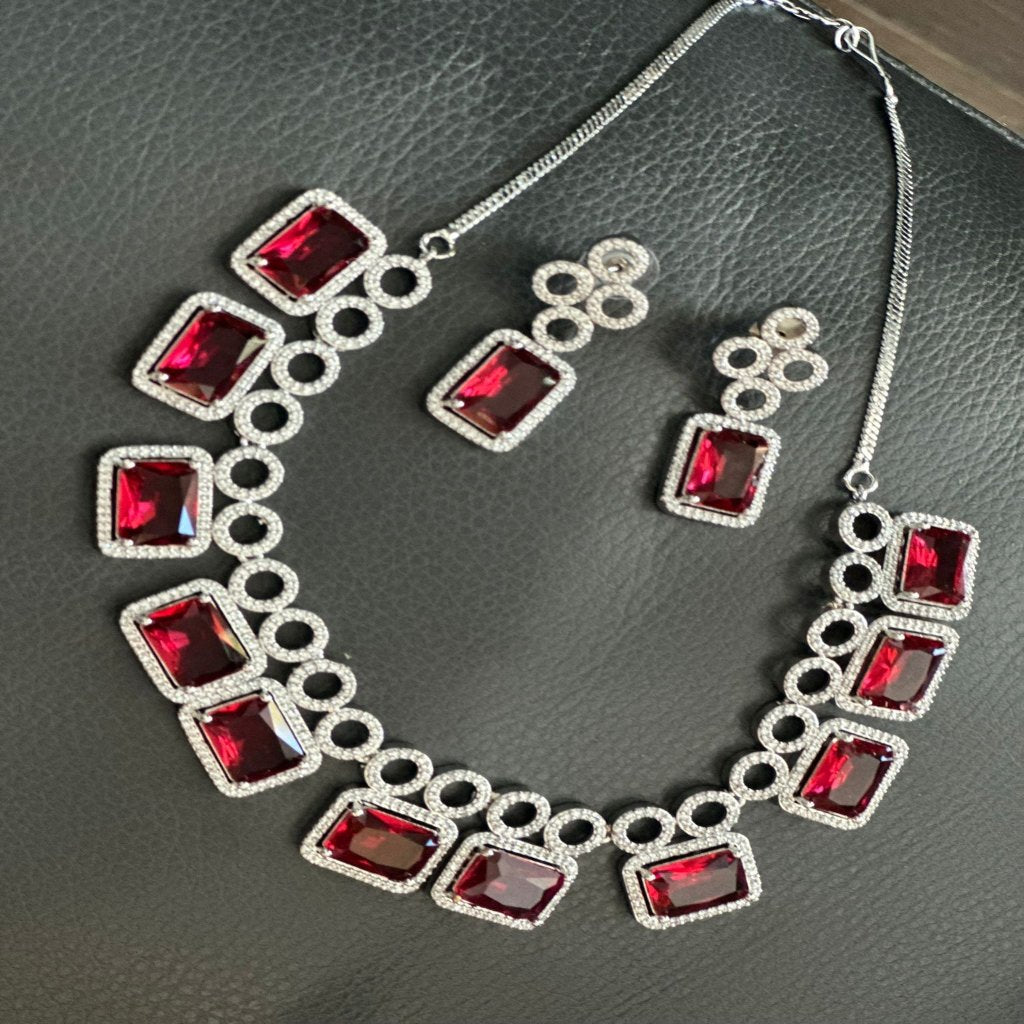 Mira Red AD Stone Choker Set | Matching Earring set