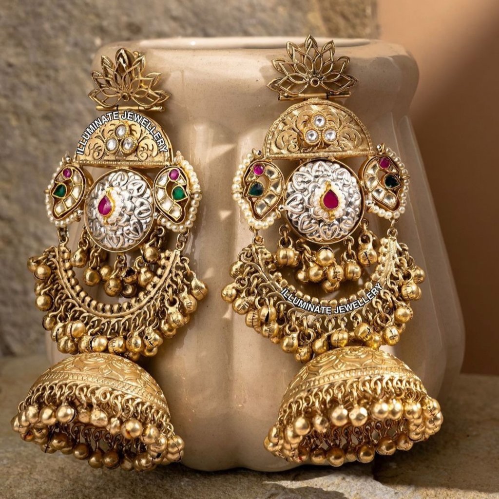 Ridhi Elegance Earrings | Floral Motif Kundan | Antique Gold and Silver Infusion